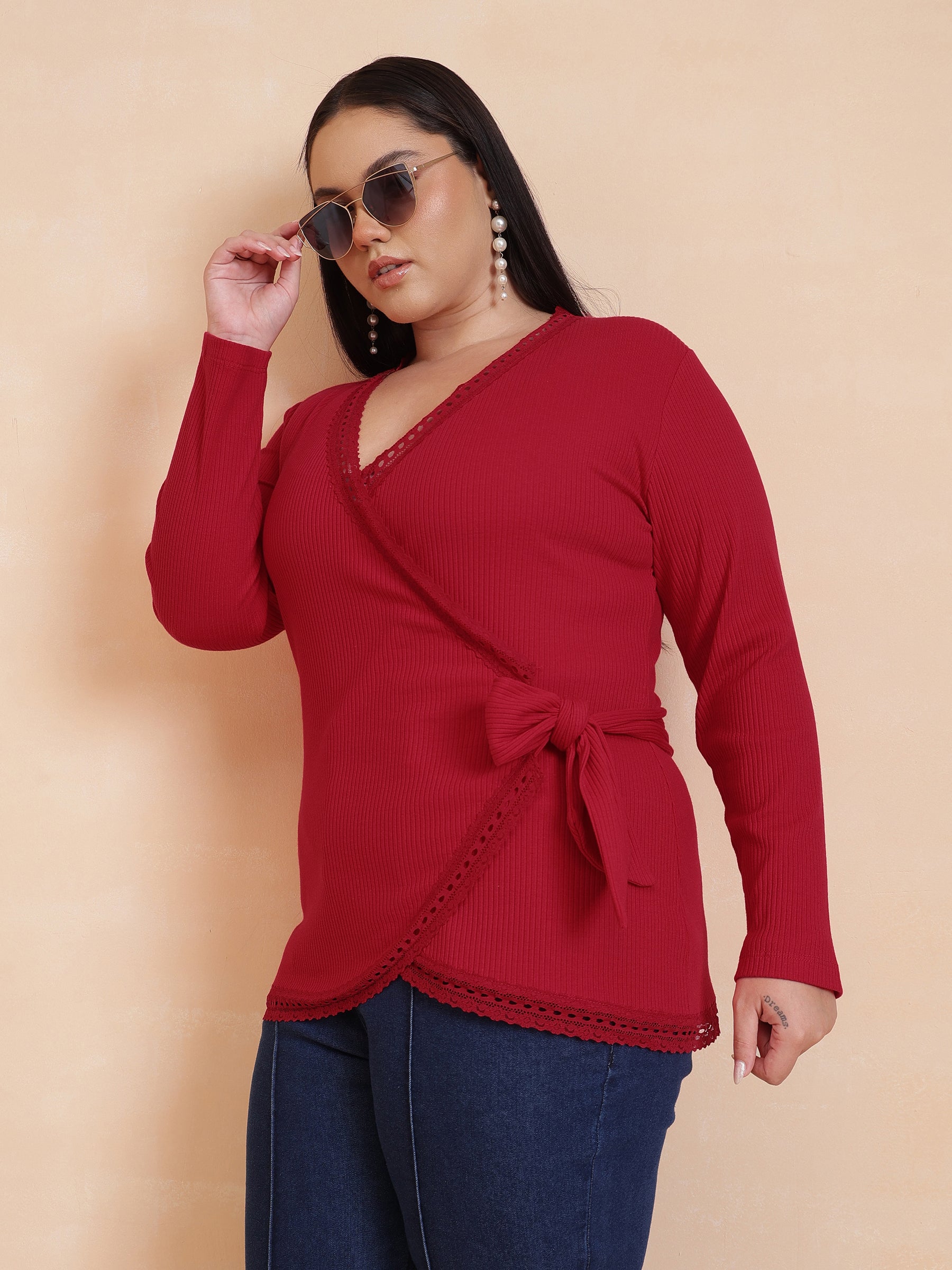 Red Rib Wrap Top-SASSAFRAS Curve