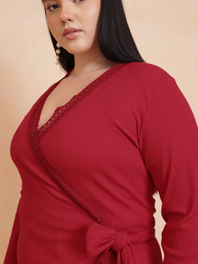Red Rib Wrap Top-SASSAFRAS Curve