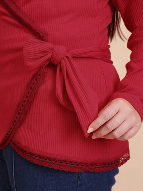 Red Rib Wrap Top-SASSAFRAS Curve