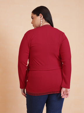 Women Red Rib Wrap Top