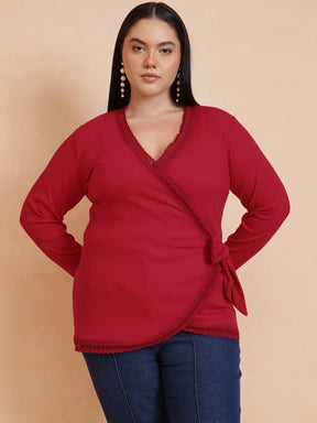 Women Red Rib Wrap Top