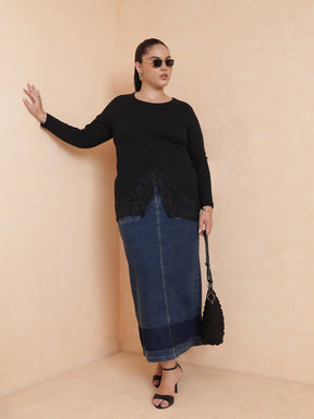 Black Rib Full Sleeves Top-SASSAFRAS Curve
