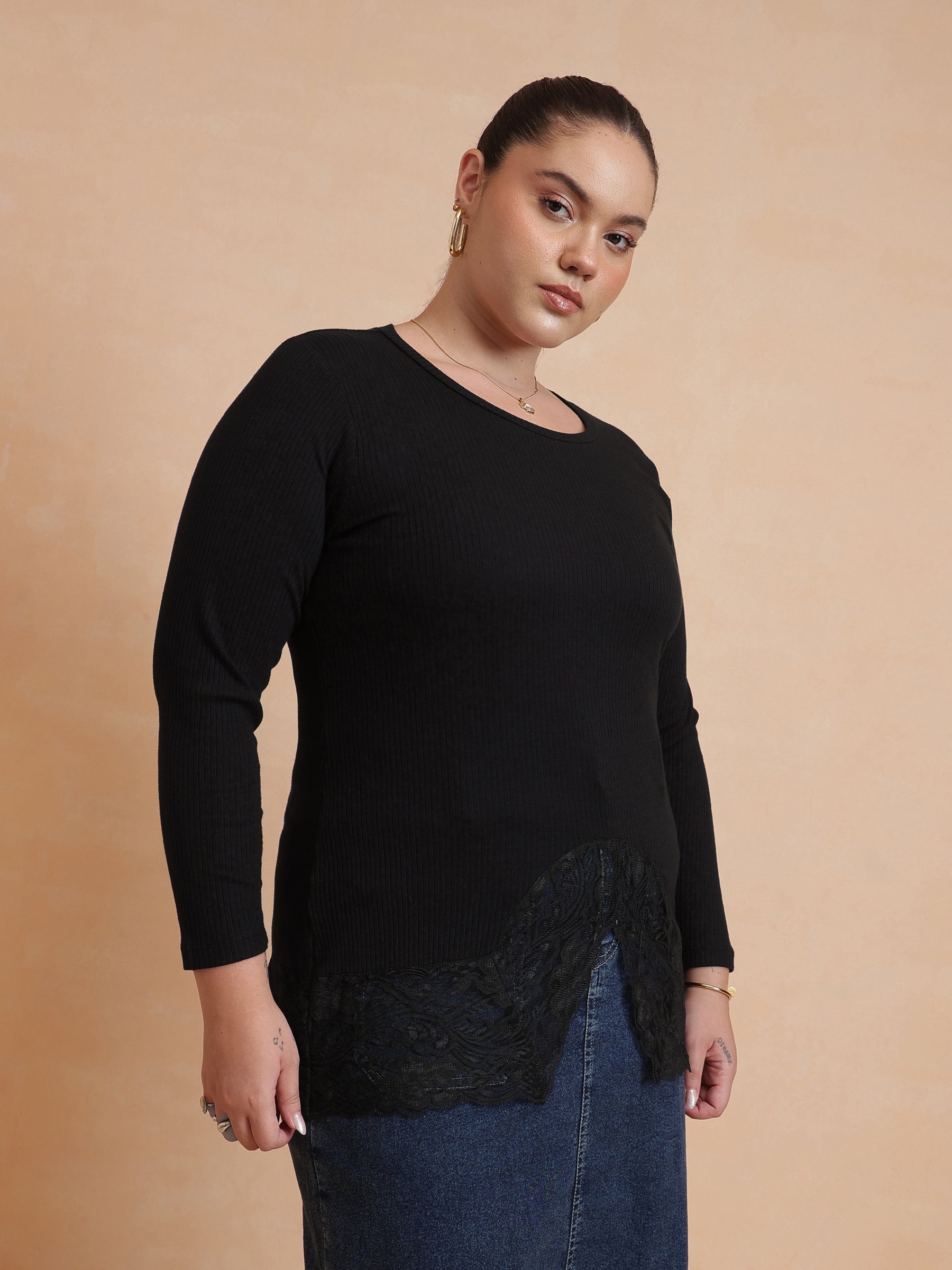 Black Rib Full Sleeves Top-SASSAFRAS Curve
