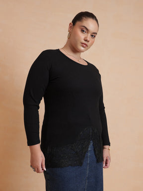 Black Rib Full Sleeves Top-SASSAFRAS Curve