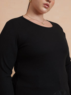Black Rib Full Sleeves Top-SASSAFRAS Curve