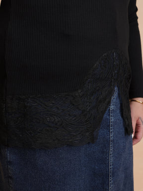 Black Rib Full Sleeves Top-SASSAFRAS Curve