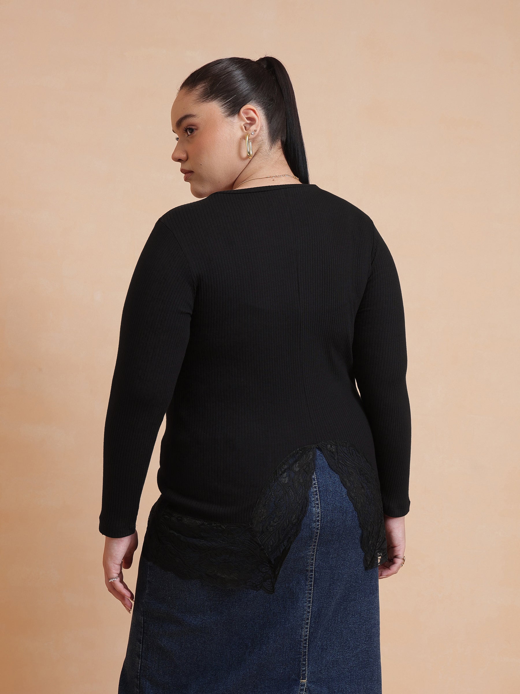 Women Black Rib Full Sleeves Top