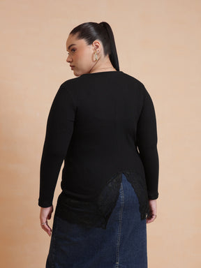 Women Black Rib Full Sleeves Top