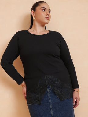 Women Black Rib Full Sleeves Top