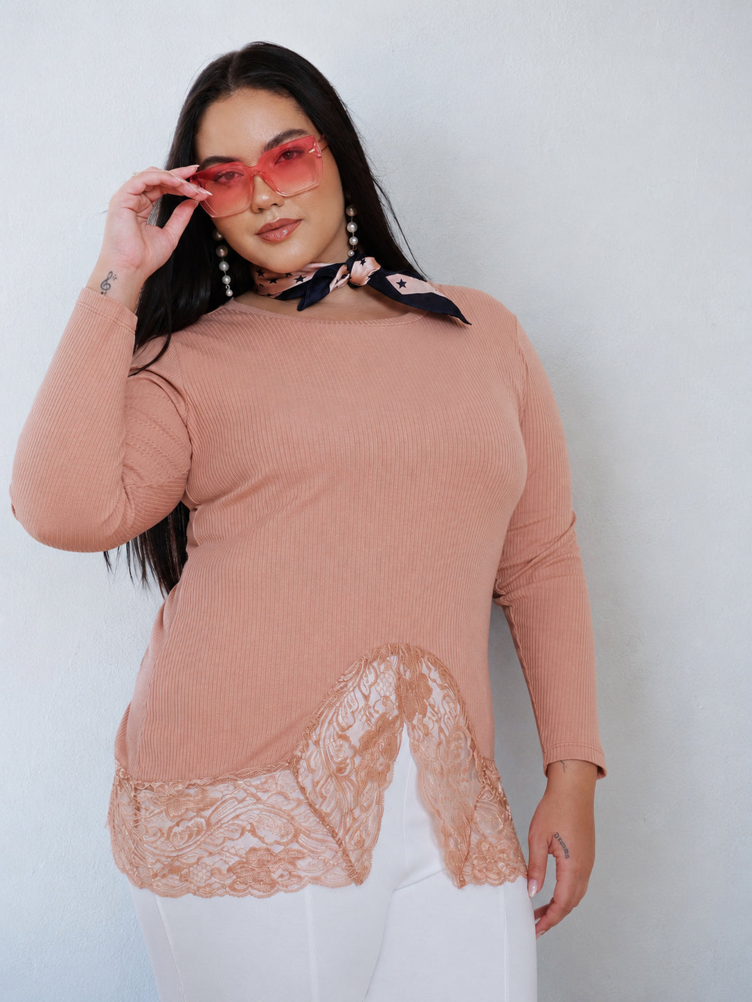 Onion Pink Rib Full Sleeves Top-SASSAFRAS Curve