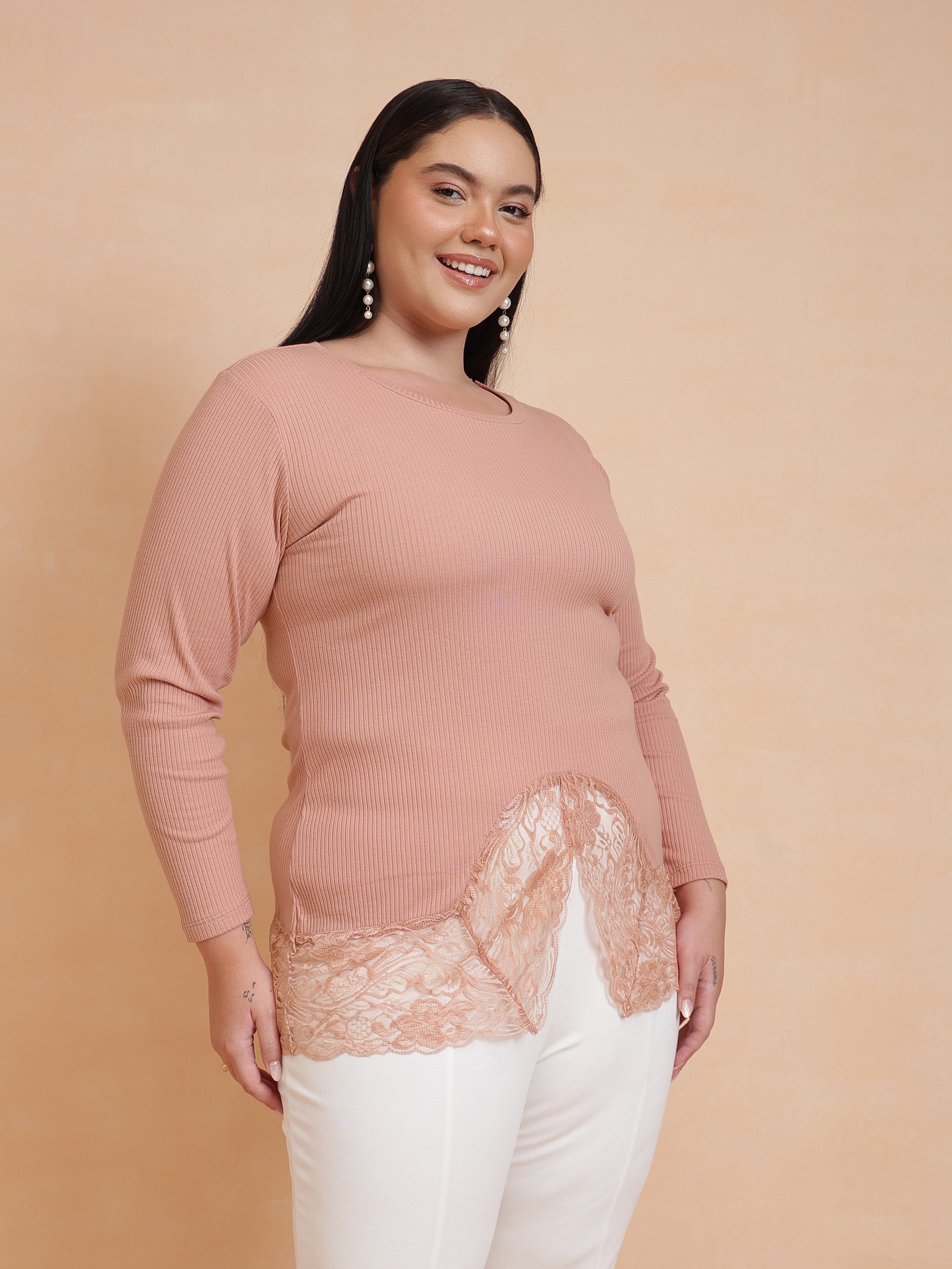 Onion Pink Rib Full Sleeves Top-SASSAFRAS Curve