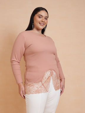 Onion Pink Rib Full Sleeves Top-SASSAFRAS Curve