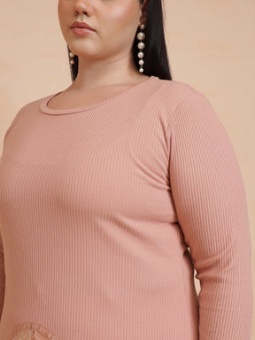 Onion Pink Rib Full Sleeves Top-SASSAFRAS Curve