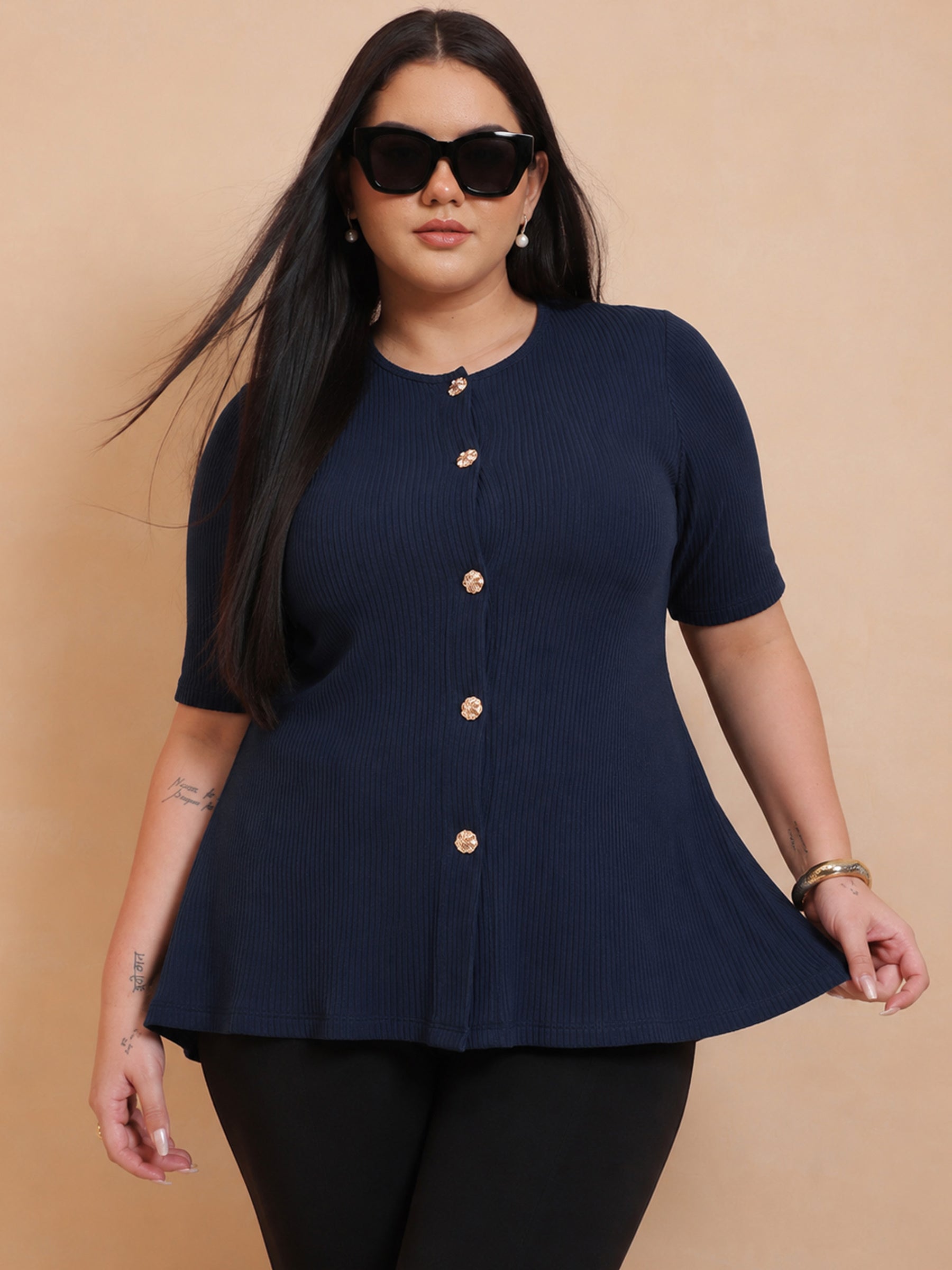 Navy Rib Button Down Peplum Top -SASSAFRAS Curve