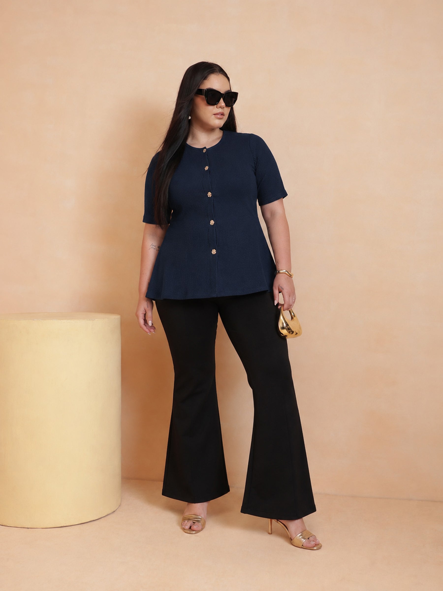 Navy Rib Button Down Peplum Top -SASSAFRAS Curve