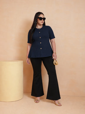 Navy Rib Button Down Peplum Top -SASSAFRAS Curve