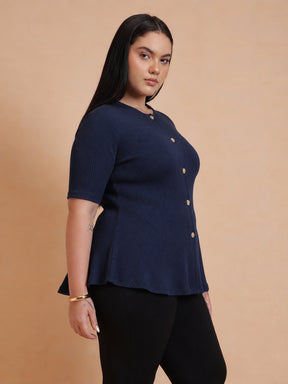 Navy Rib Button Down Peplum Top -SASSAFRAS Curve