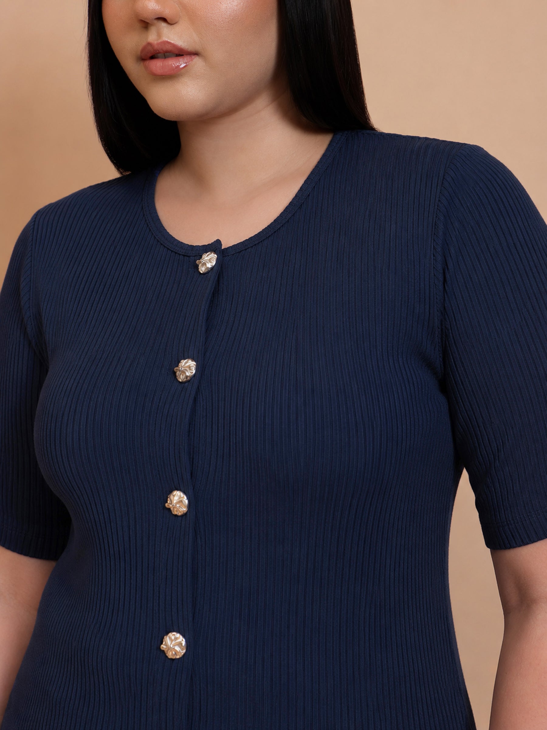 Navy Rib Button Down Peplum Top -SASSAFRAS Curve
