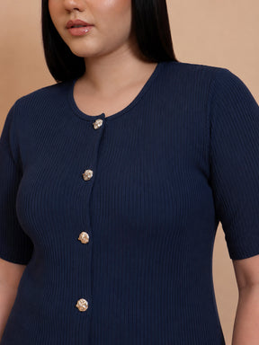 Navy Rib Button Down Peplum Top -SASSAFRAS Curve