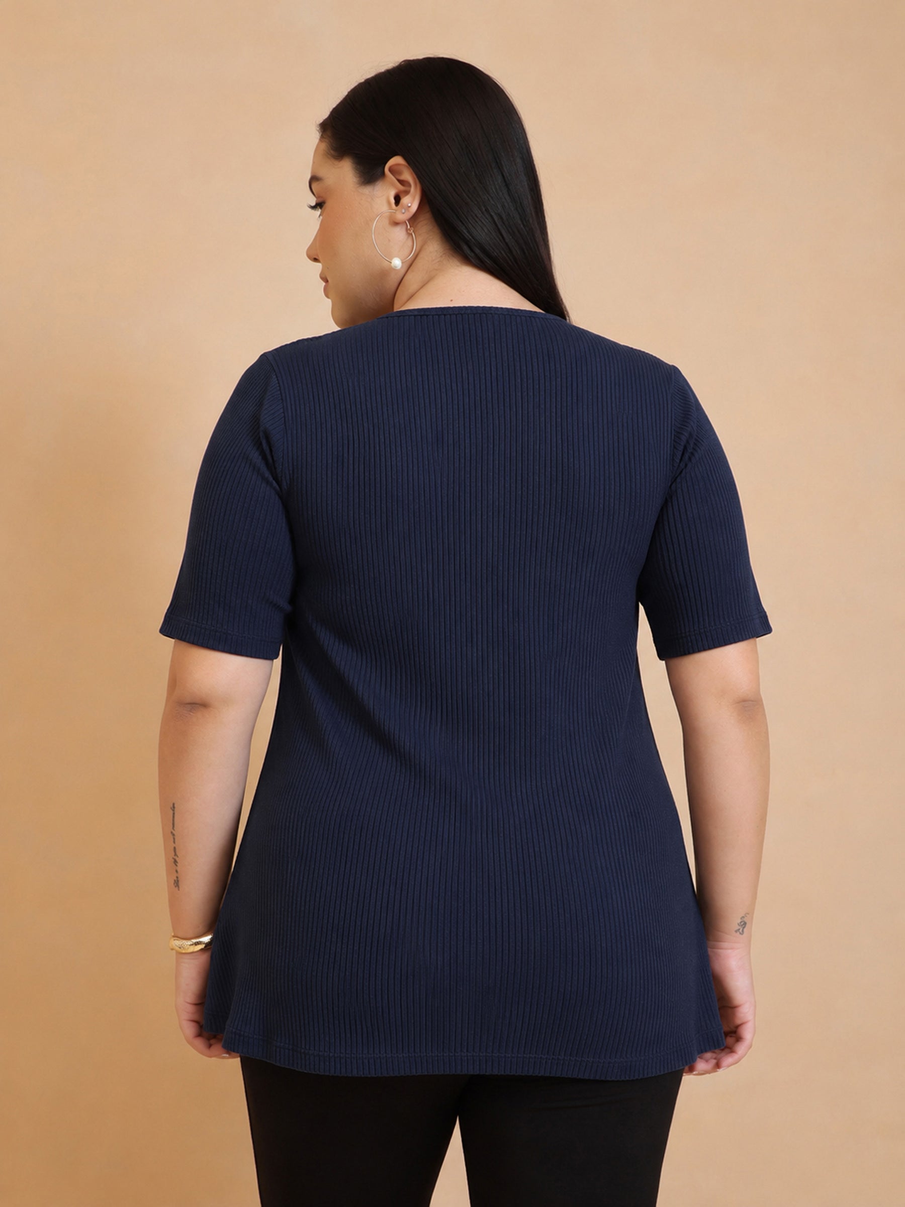 Navy Rib Button Down Peplum Top -SASSAFRAS Curve