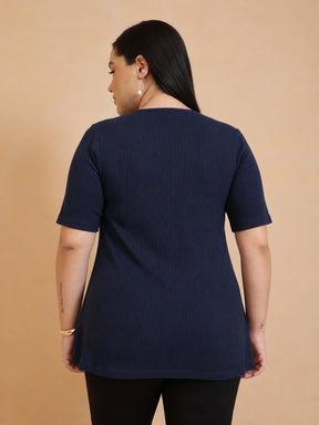 Navy Rib Button Down Peplum Top -SASSAFRAS Curve