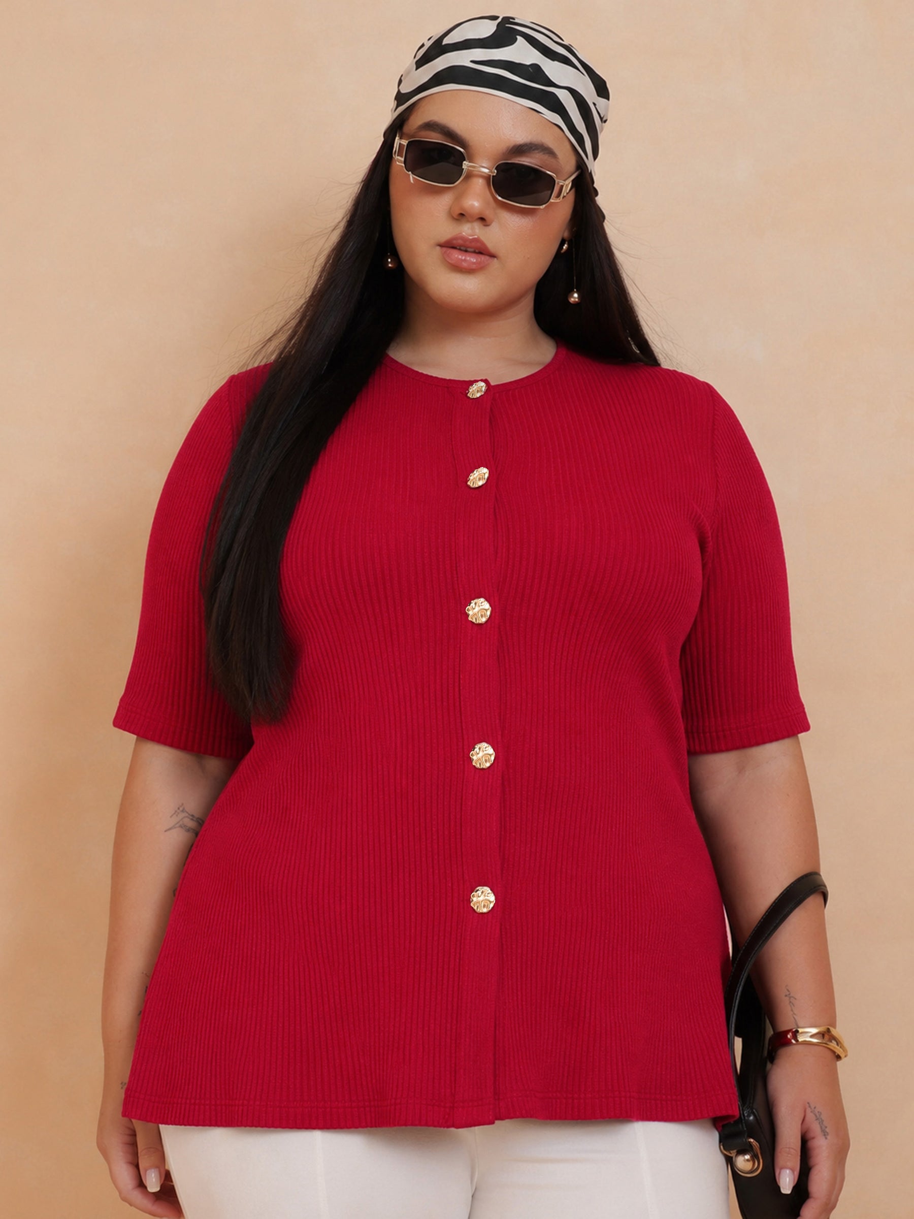 Red Rib Button Down Peplum Top -SASSAFRAS Curve
