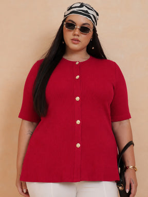 Red Rib Button Down Peplum Top -SASSAFRAS Curve