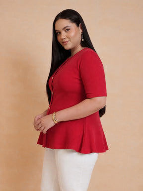 Red Rib Button Down Peplum Top -SASSAFRAS Curve