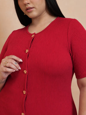Red Rib Button Down Peplum Top -SASSAFRAS Curve