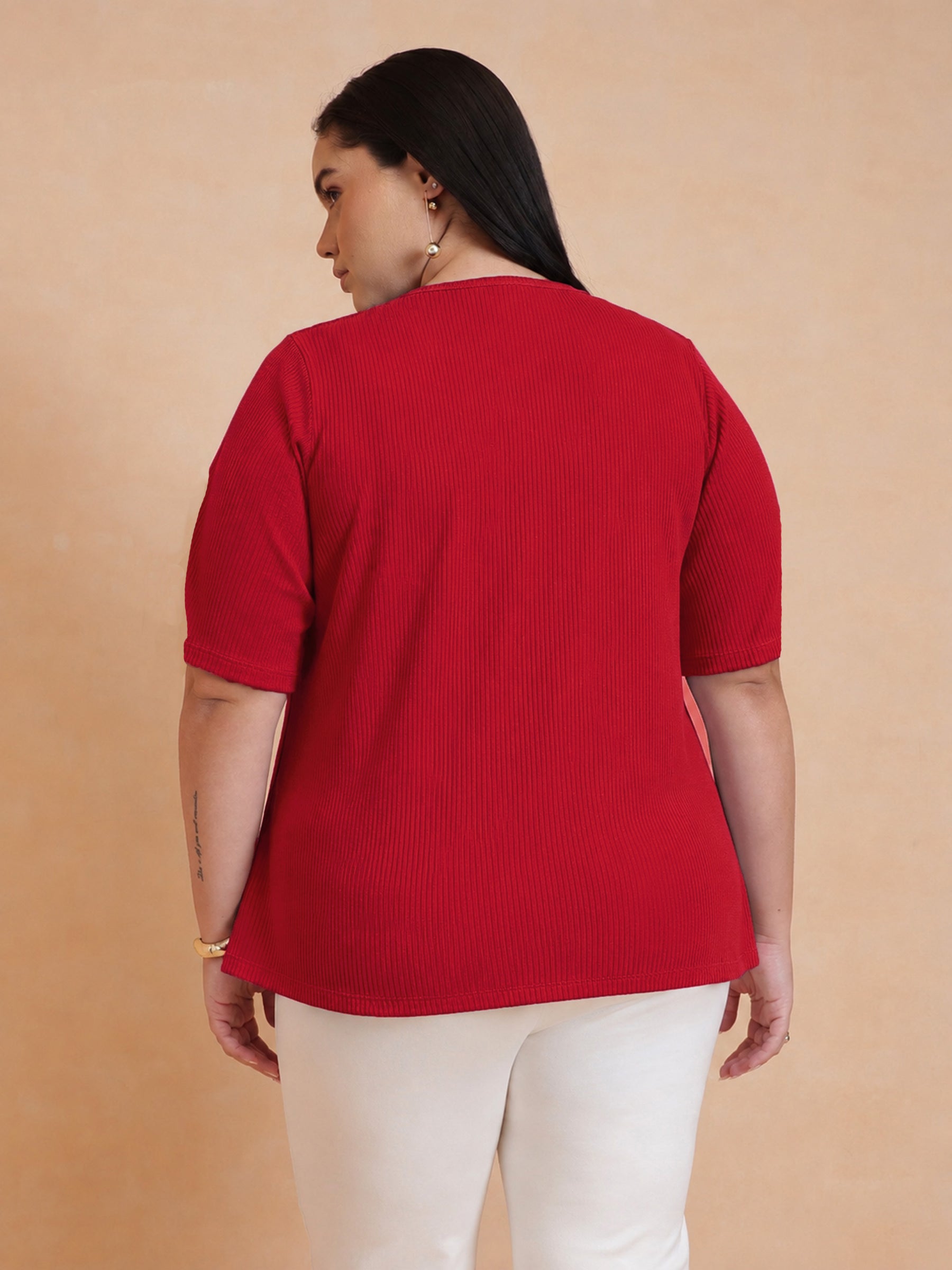 Red Rib Button Down Peplum Top -SASSAFRAS Curve