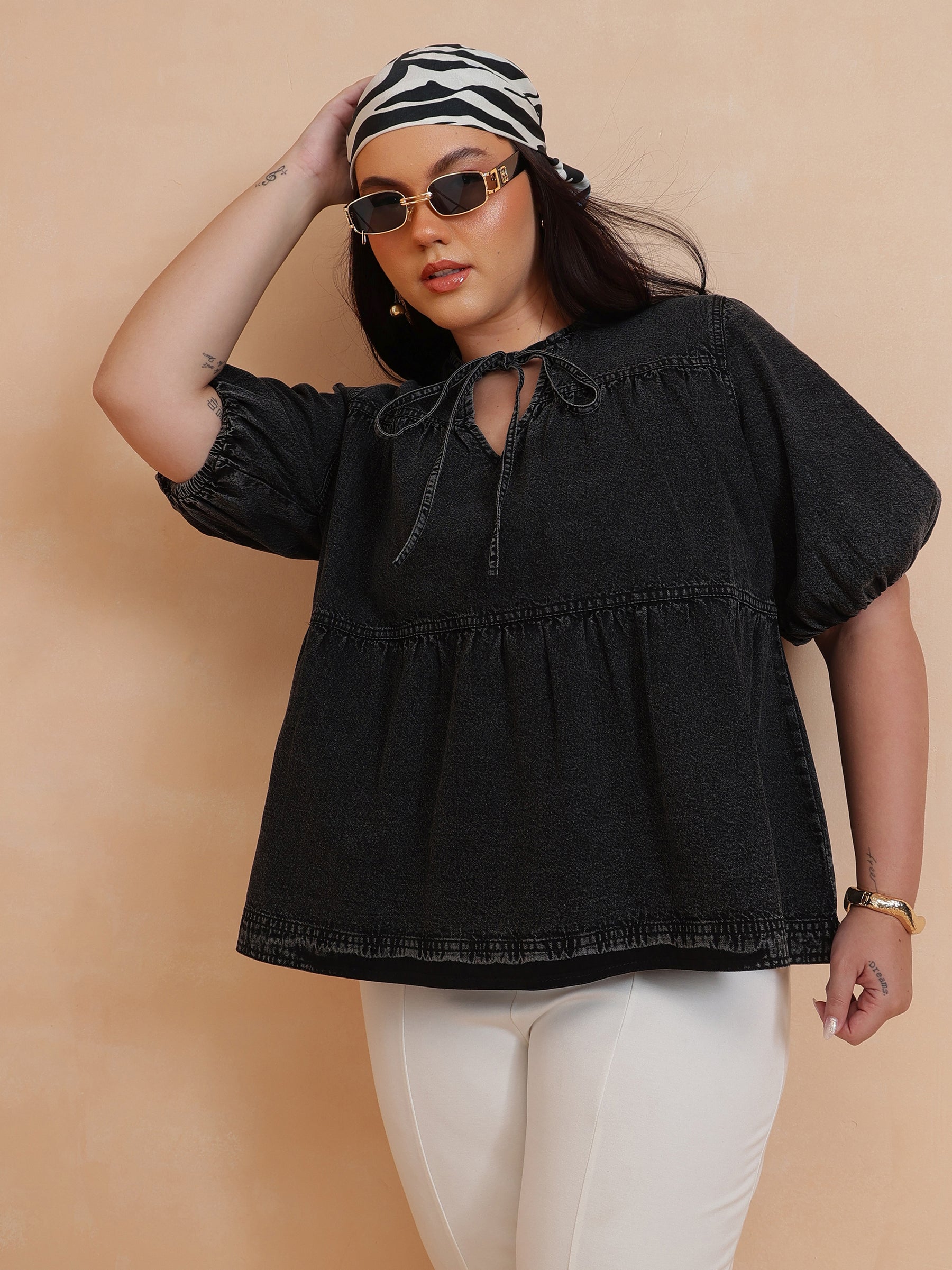 Black Wash Denim Tiered Top-SASSAFRAS Curve