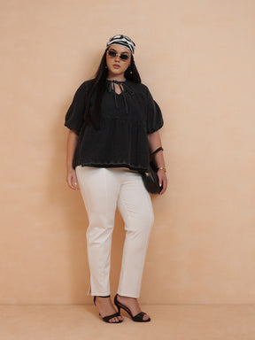 Black Wash Denim Tiered Top-SASSAFRAS Curve