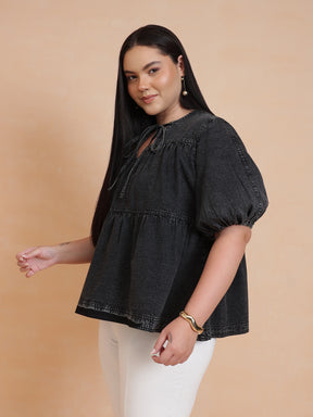 Black Wash Denim Tiered Top-SASSAFRAS Curve