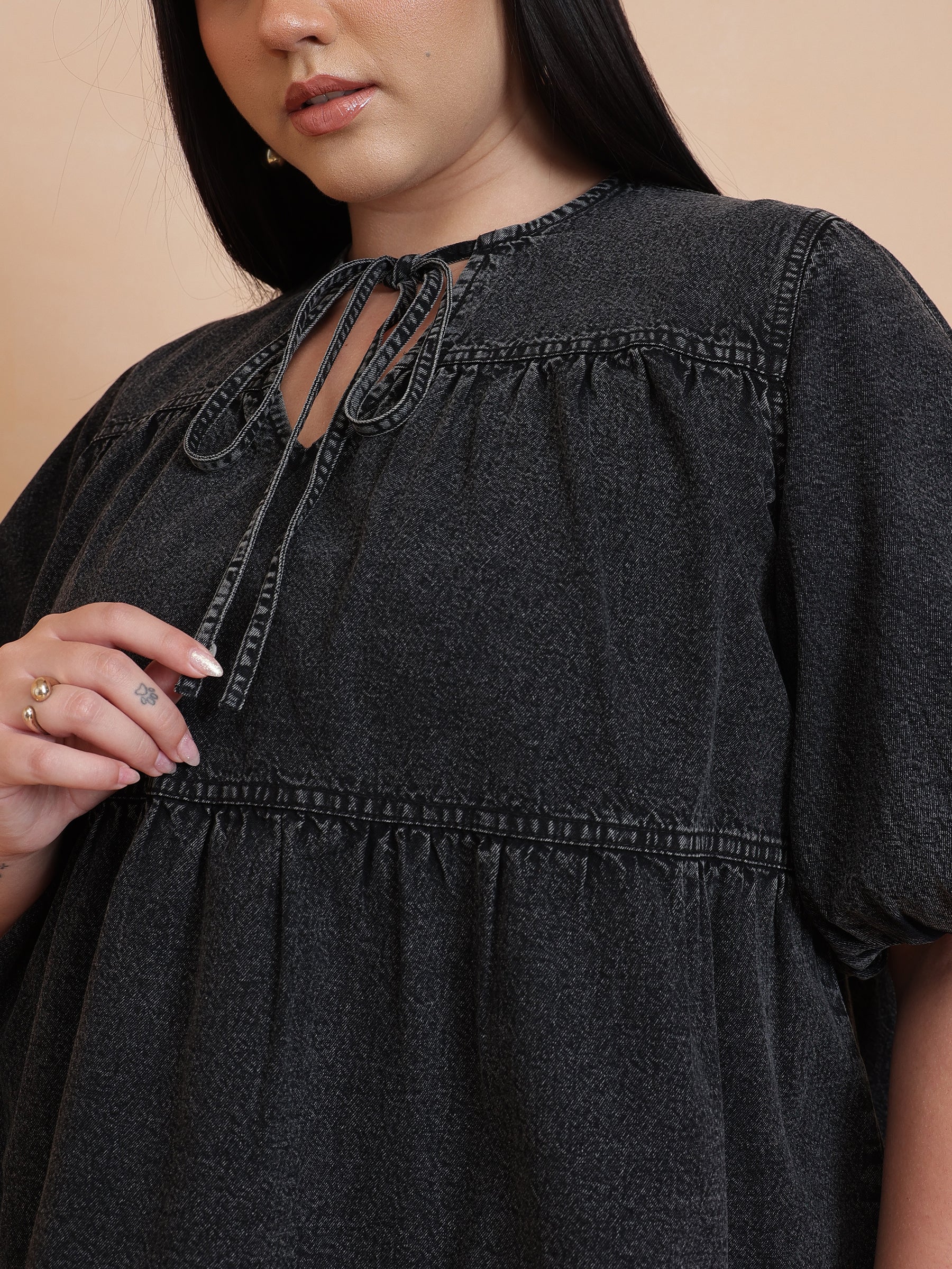 Black Wash Denim Tiered Top-SASSAFRAS Curve