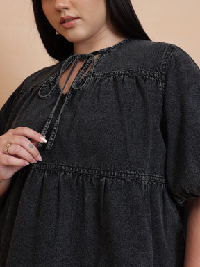 Black Wash Denim Tiered Top-SASSAFRAS Curve