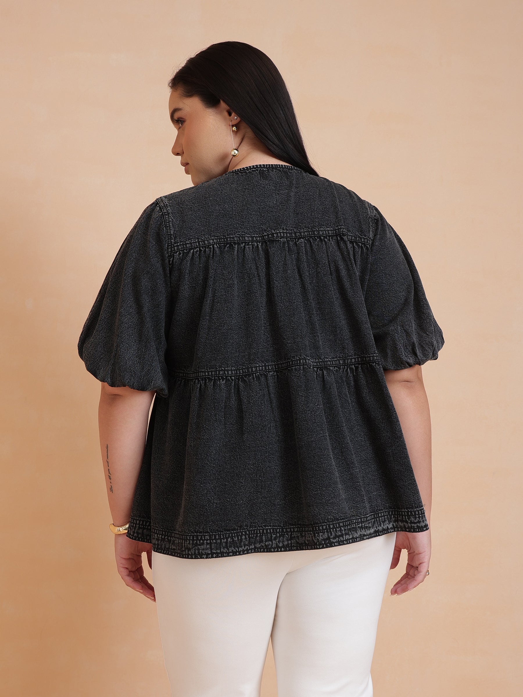 Black Wash Denim Tiered Top-SASSAFRAS Curve
