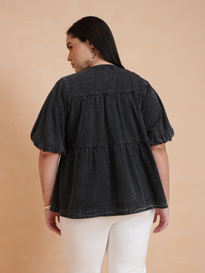 Black Wash Denim Tiered Top-SASSAFRAS Curve