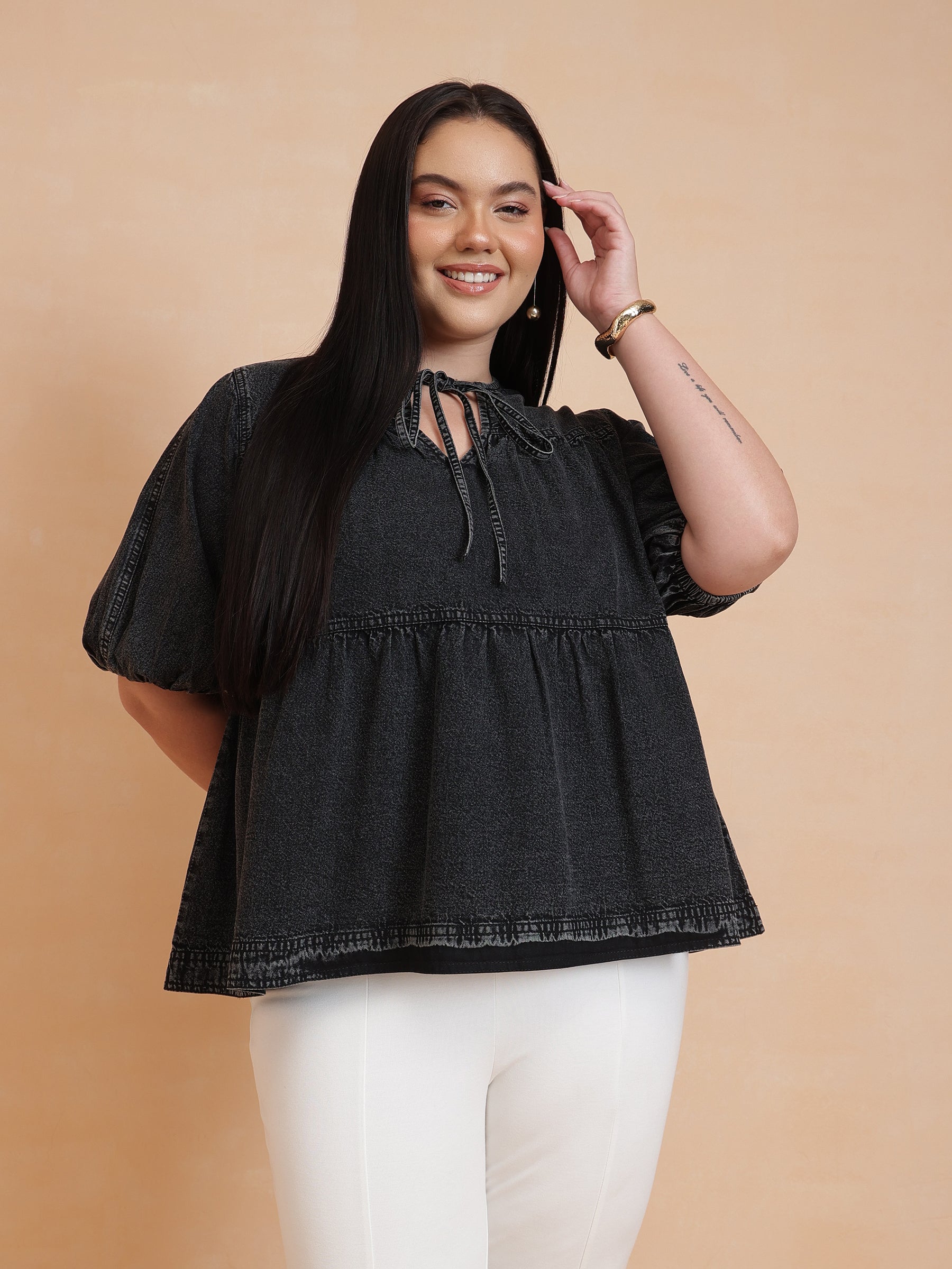 Women Black Wash Denim Tiered Top