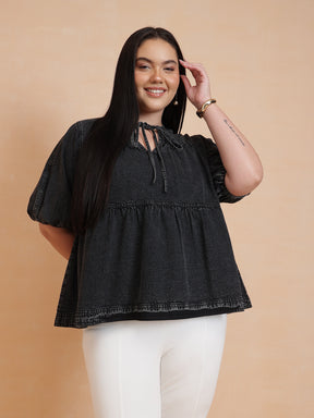 Women Black Wash Denim Tiered Top