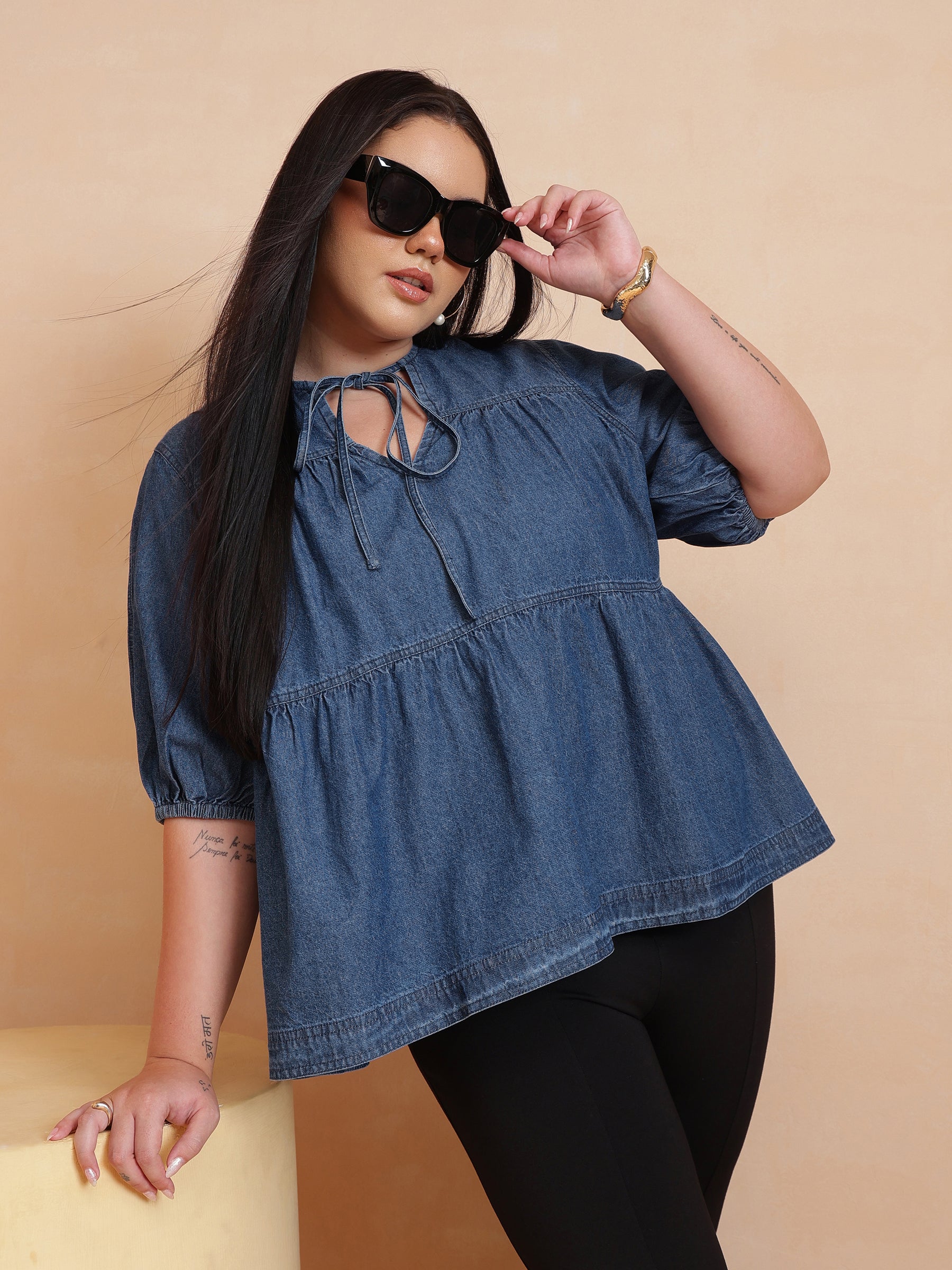 Blue Denim Tiered Top-SASSAFRAS Curve