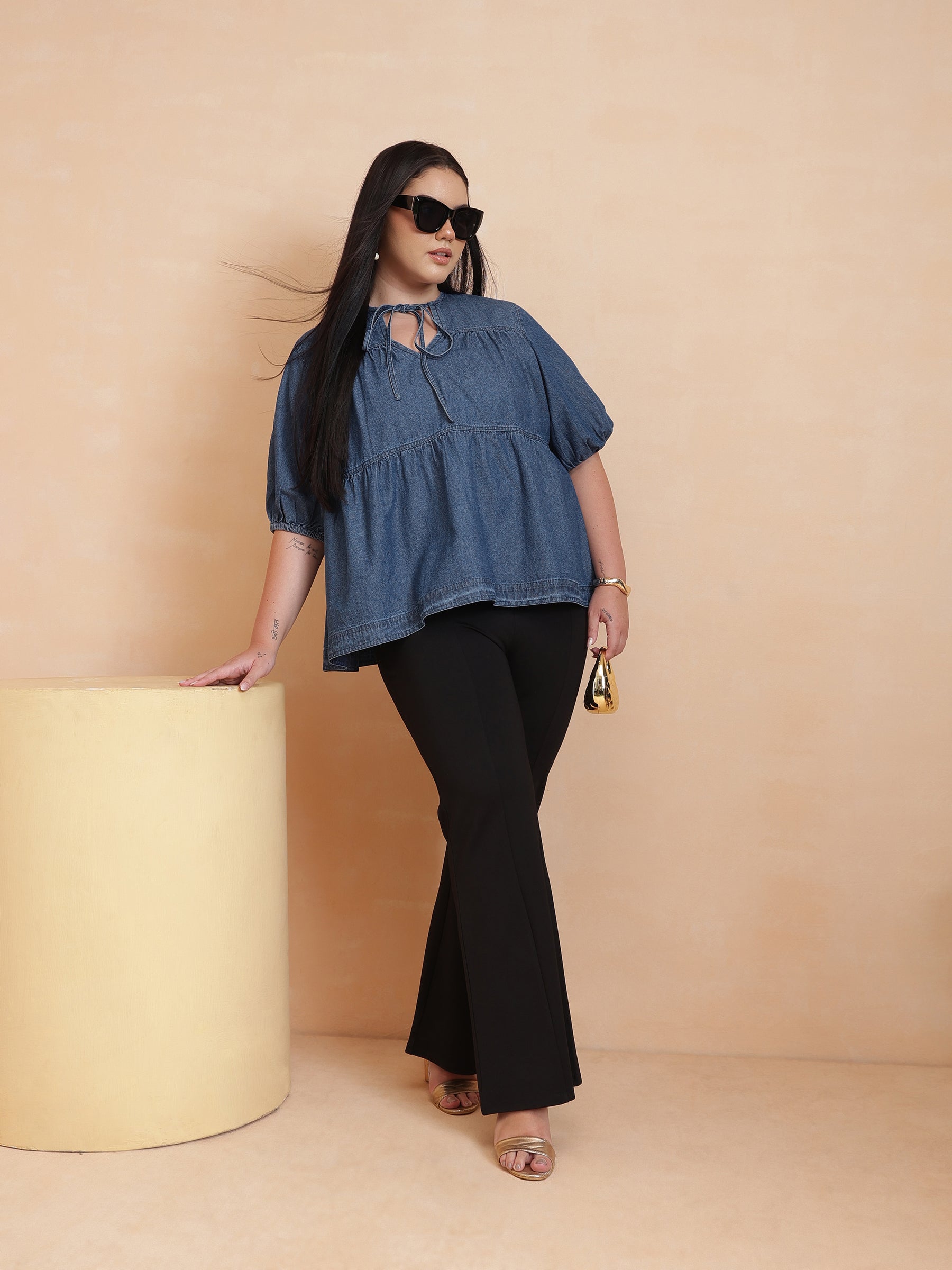Blue Denim Tiered Top-SASSAFRAS Curve