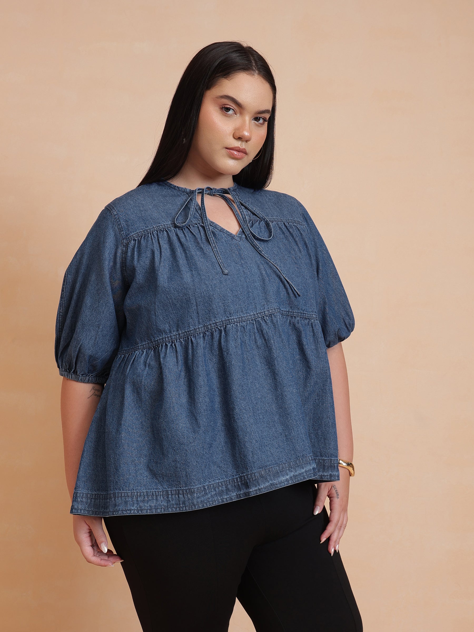 Blue Denim Tiered Top-SASSAFRAS Curve