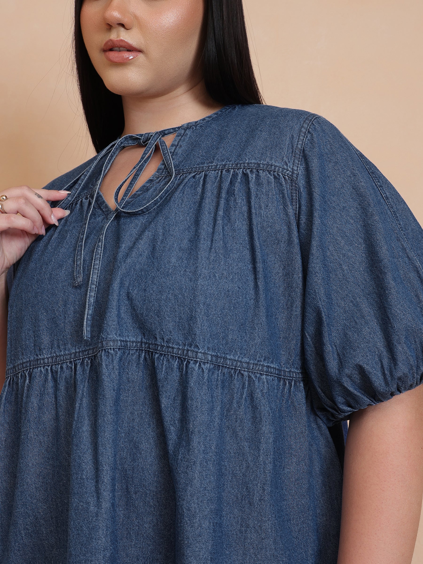 Blue Denim Tiered Top-SASSAFRAS Curve