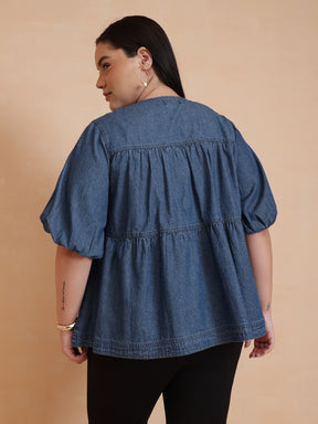 Blue Denim Tiered Top-SASSAFRAS Curve