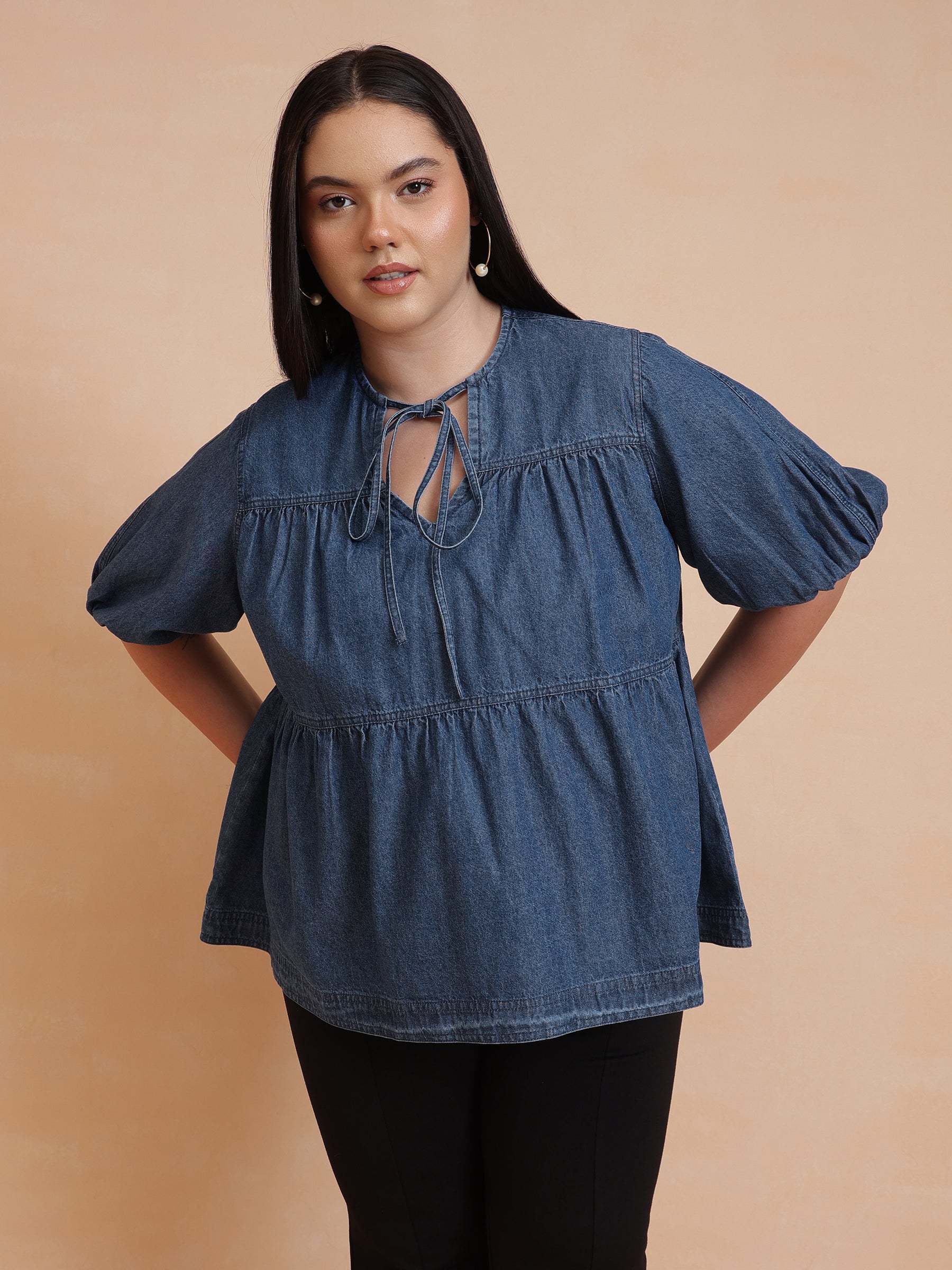 Women Blue Denim Tiered Top