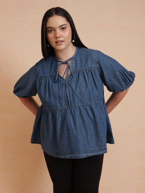 Women Blue Denim Tiered Top