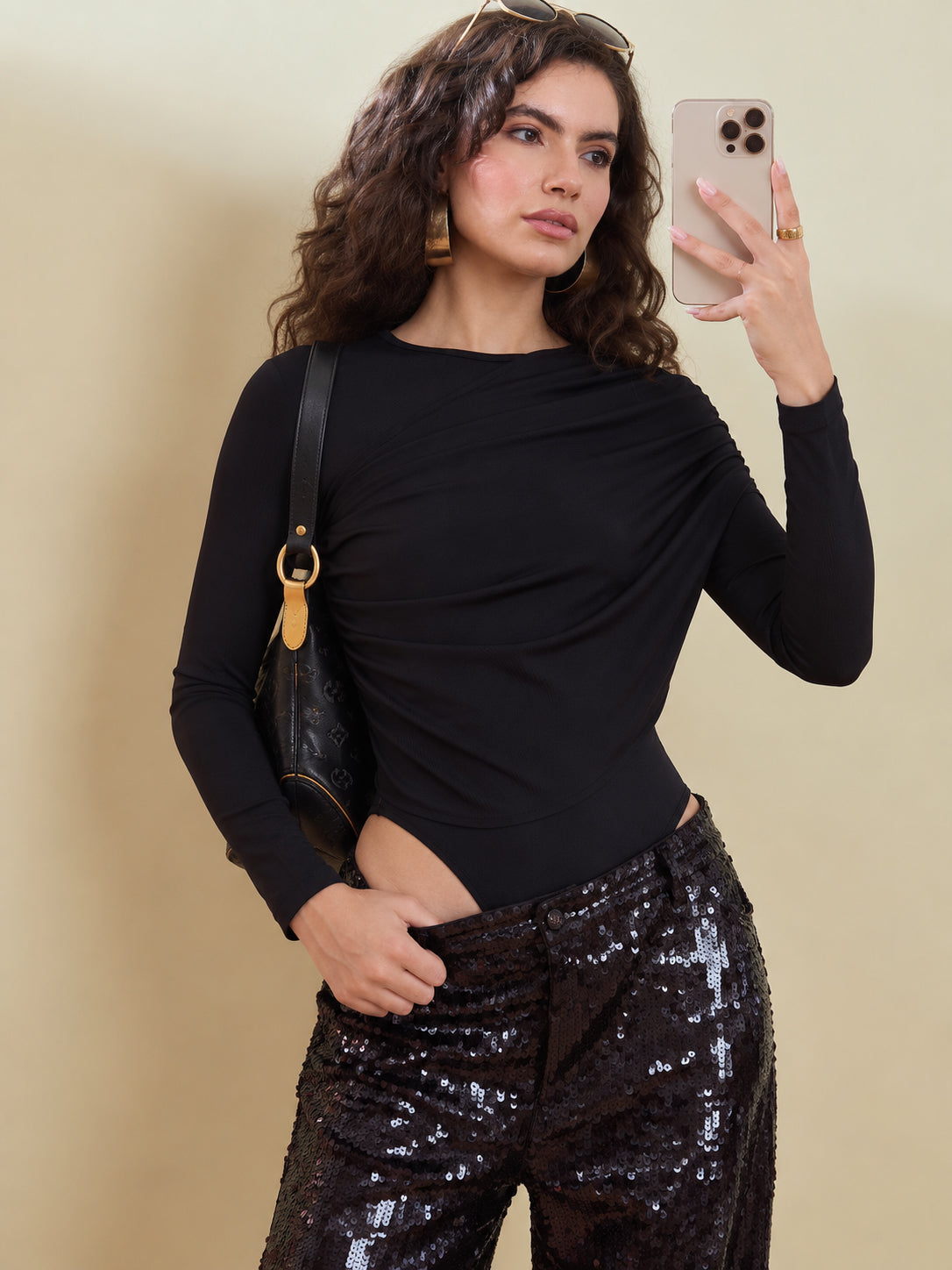 Women Black Full Sleeve Drape Bodysuit