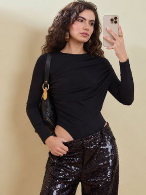 Women Black Full Sleeve Drape Bodysuit