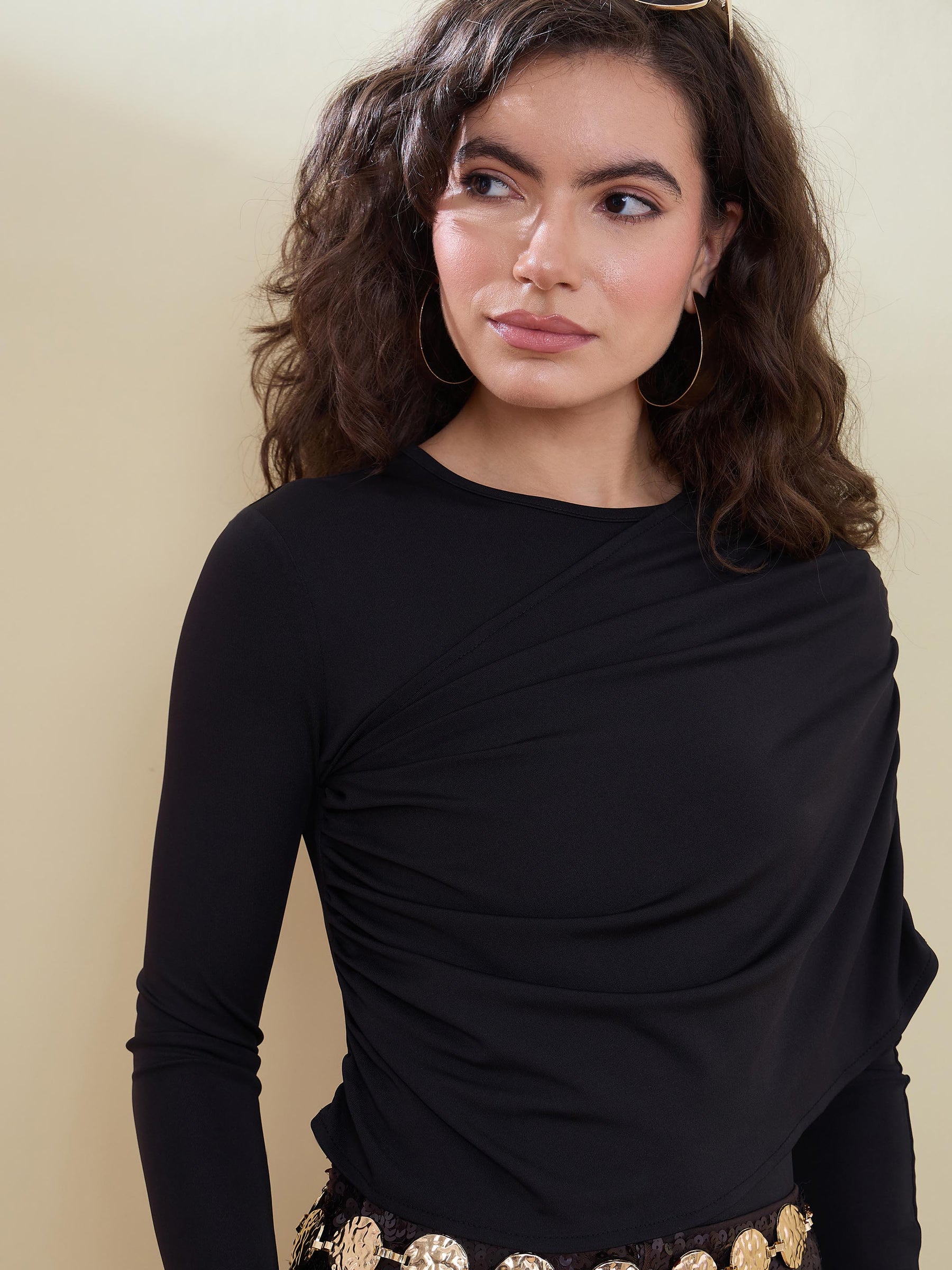 Black Full Sleeve Drape Bodysuit-SASSAFRAS