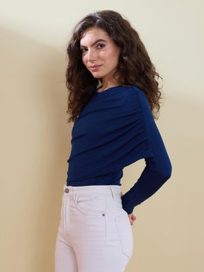 Navy Full Sleeve Drape Bodysuit-SASSAFRAS